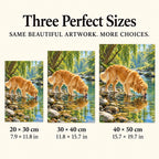 Golden retriever drinking from a woodland stream: three available canvas sizes