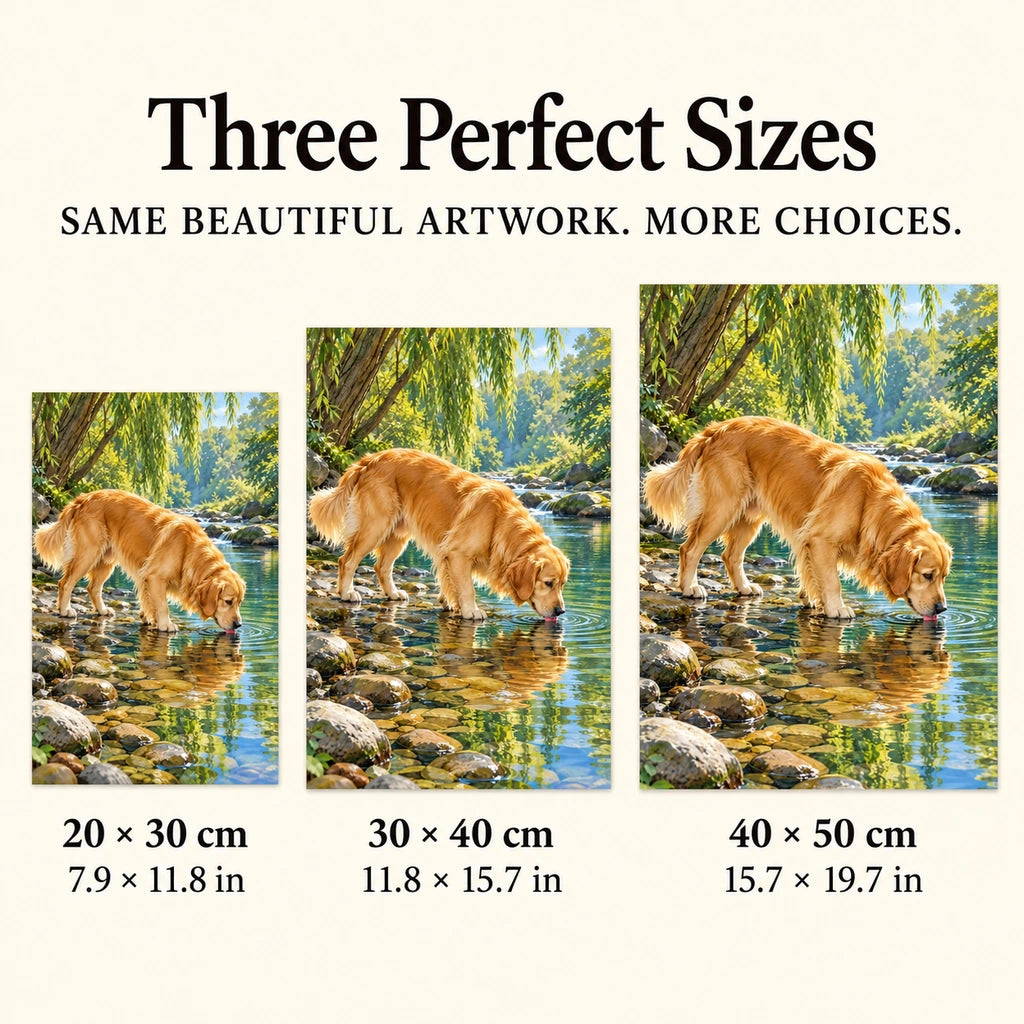 Golden retriever drinking from a woodland stream: three available canvas sizes