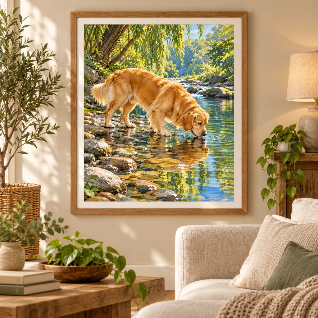 Golden retriever drinking from a woodland stream: displayed as home wall decor