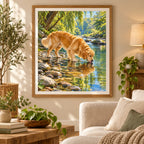 Golden retriever drinking from a woodland stream: displayed as home wall decor