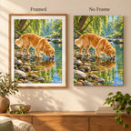 Golden retriever drinking from a woodland stream: framed and no-frame style comparison