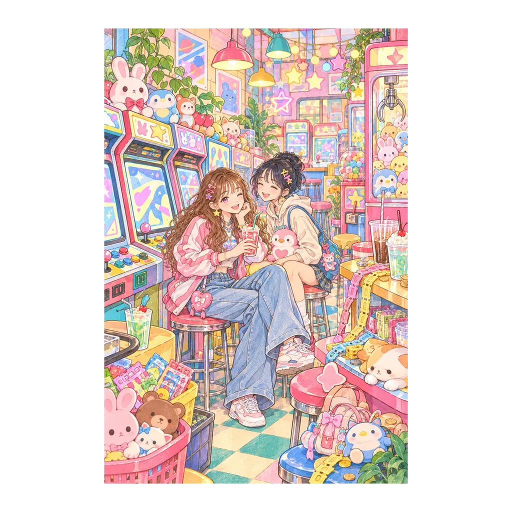 White-background original artwork of two friends in a pastel arcade with colorful game cabinets, claw machines, and plush prizes for a diamond painting kit