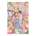 White-background original artwork of two friends in a pastel arcade with colorful game cabinets, claw machines, and plush prizes for a diamond painting kit