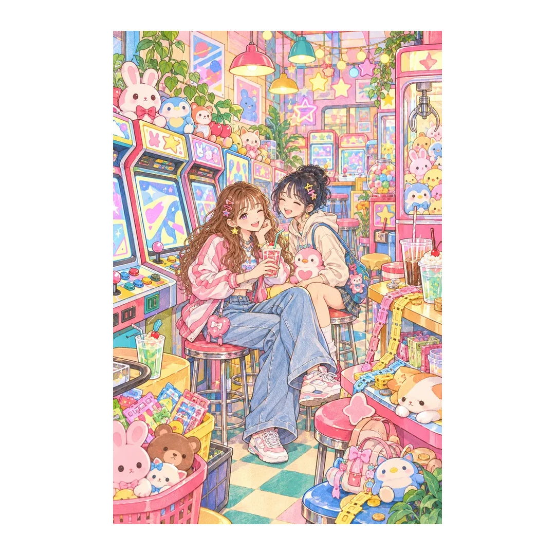 White-background original artwork of two friends in a pastel arcade with colorful game cabinets, claw machines, and plush prizes for a diamond painting kit