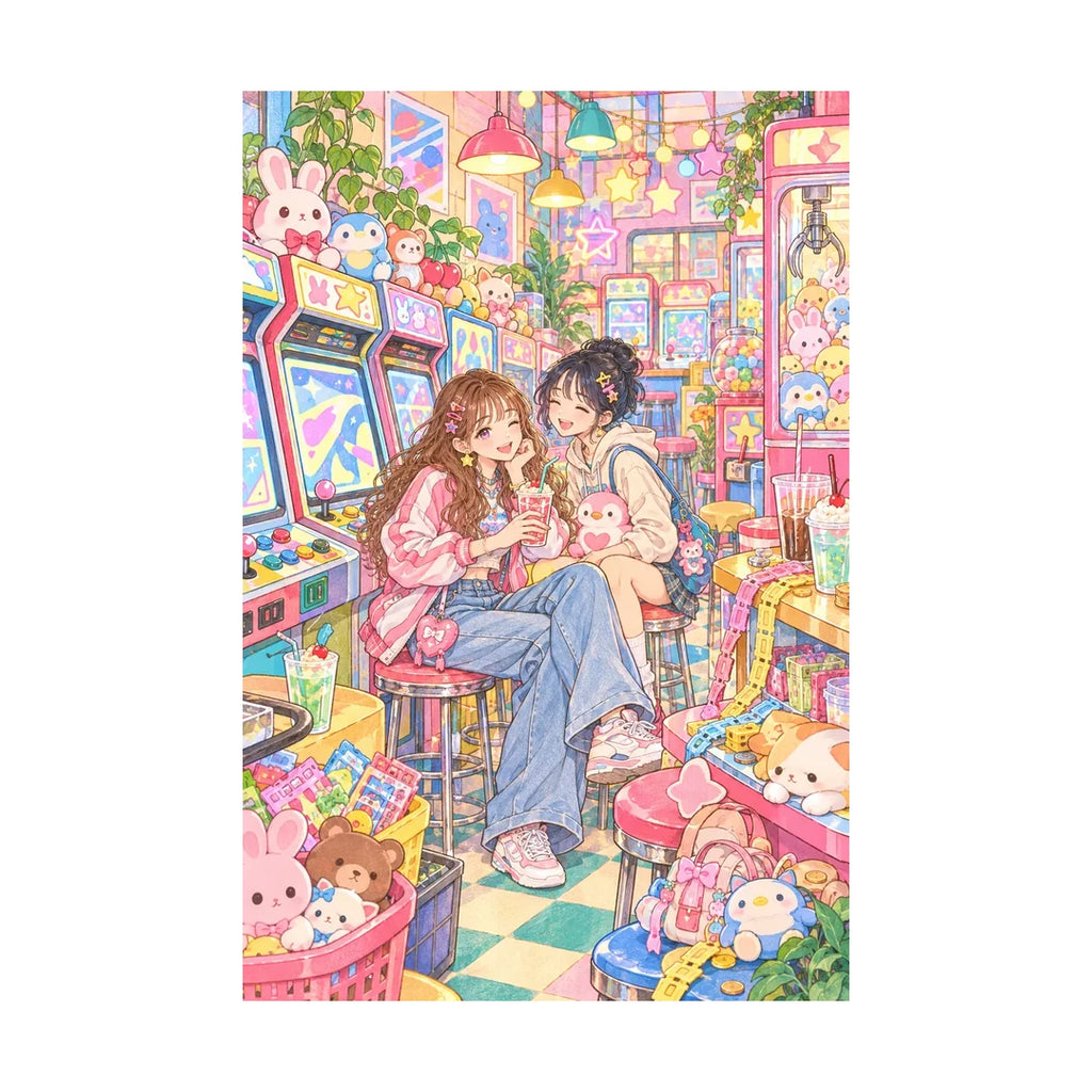 White-background original artwork of two friends in a pastel arcade with colorful game cabinets, claw machines, and plush prizes for a diamond painting kit