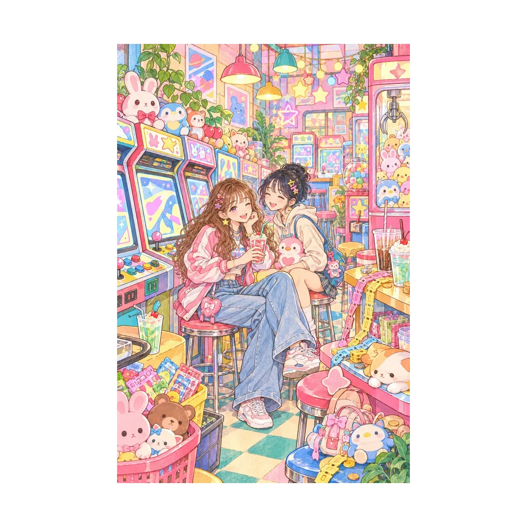White-background original artwork of two friends in a pastel arcade with colorful game cabinets, claw machines, and plush prizes for a diamond painting kit