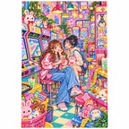White-background finished diamond painting of two friends in a pastel arcade surrounded by colorful game cabinets, claw machines, and plush prizes