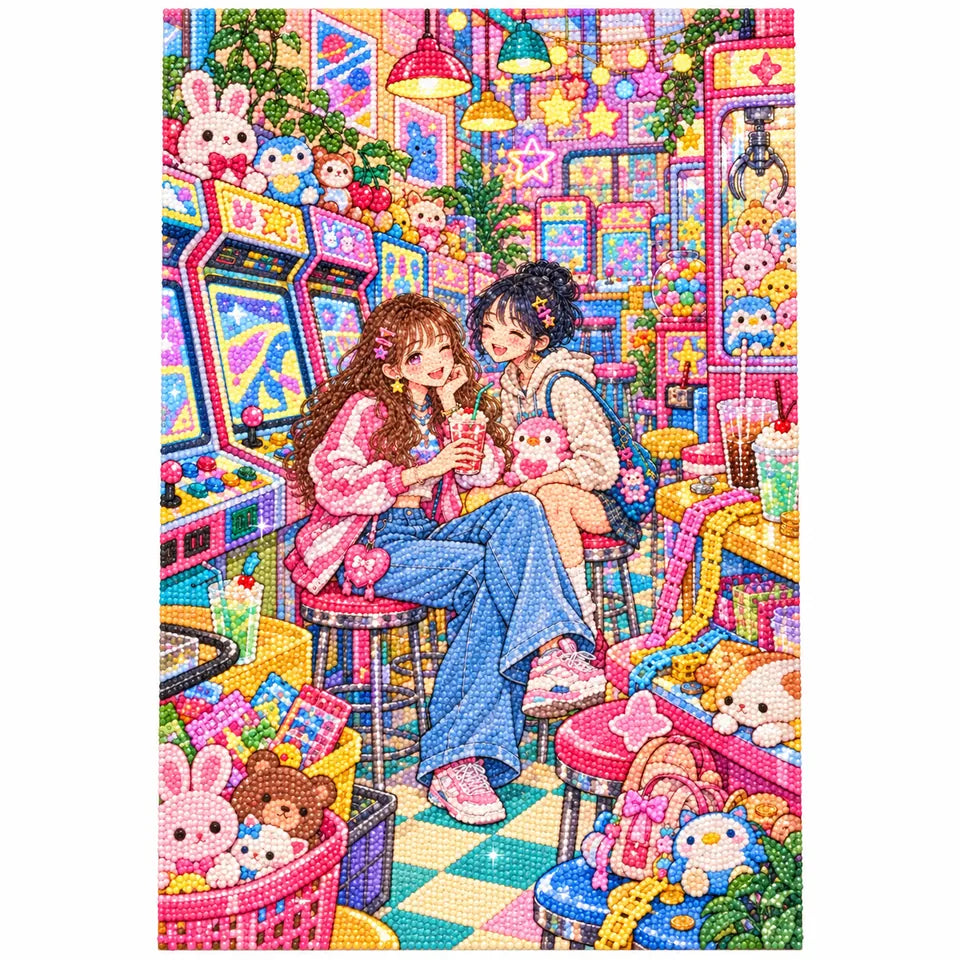 White-background finished diamond painting of two friends in a pastel arcade surrounded by colorful game cabinets, claw machines, and plush prizes