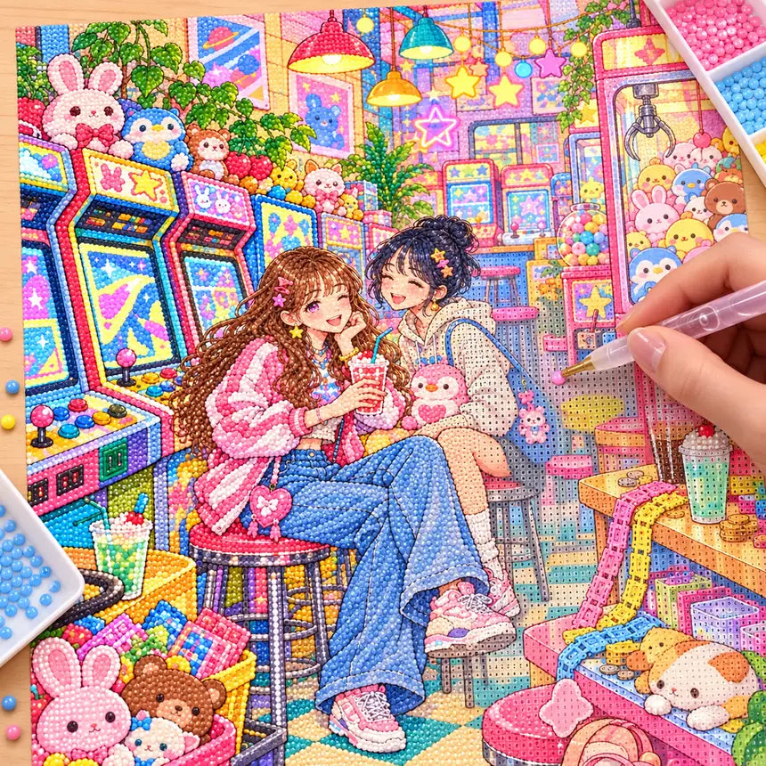 Diamond painting process showing two friends in a pastel arcade being completed with a stylus