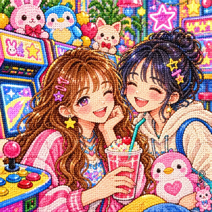Close-up diamond drill detail of two friends and pastel arcade prizes