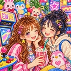 Close-up diamond drill detail of two friends and pastel arcade prizes