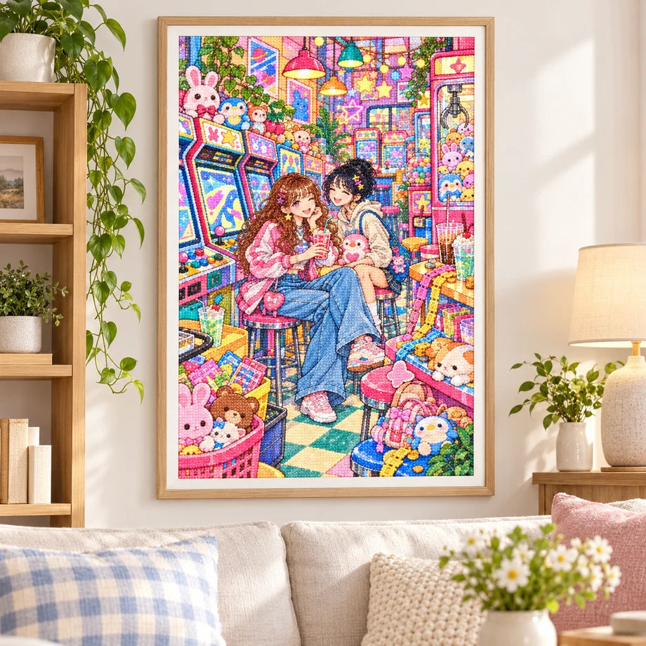 Framed pastel arcade artwork of two friends with colorful games and plush prizes displayed as home decor