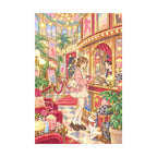 White-background original artwork of a woman in an elegant vintage cinema lobby with red velvet details and glowing lights for a diamond painting kit