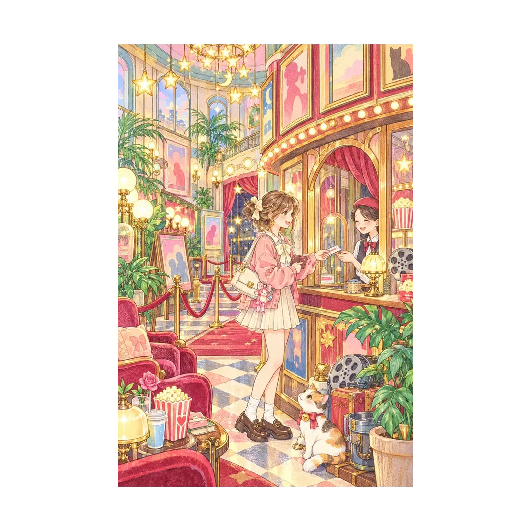 White-background original artwork of a woman in an elegant vintage cinema lobby with red velvet details and glowing lights for a diamond painting kit