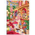 White-background finished diamond painting of a woman in an elegant vintage cinema lobby with red velvet details and glowing lights with sparkling drills