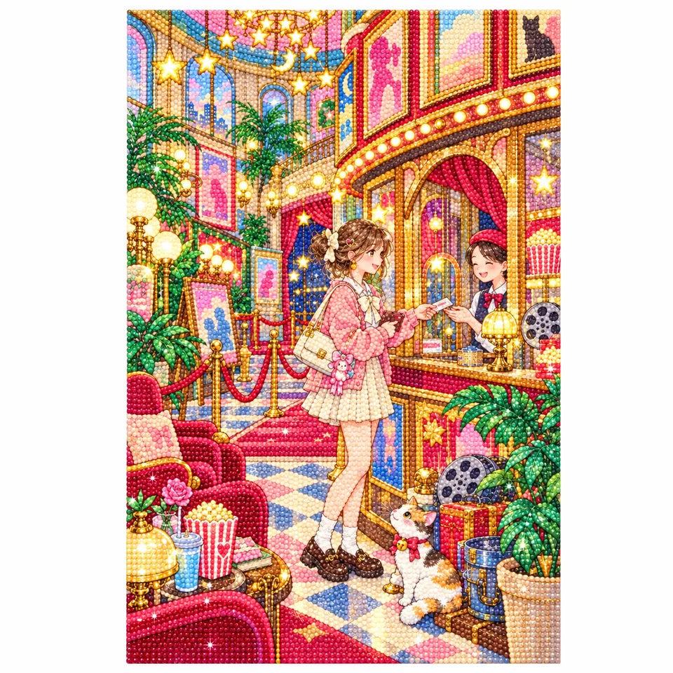 White-background finished diamond painting of a woman in an elegant vintage cinema lobby with red velvet details and glowing lights with sparkling drills