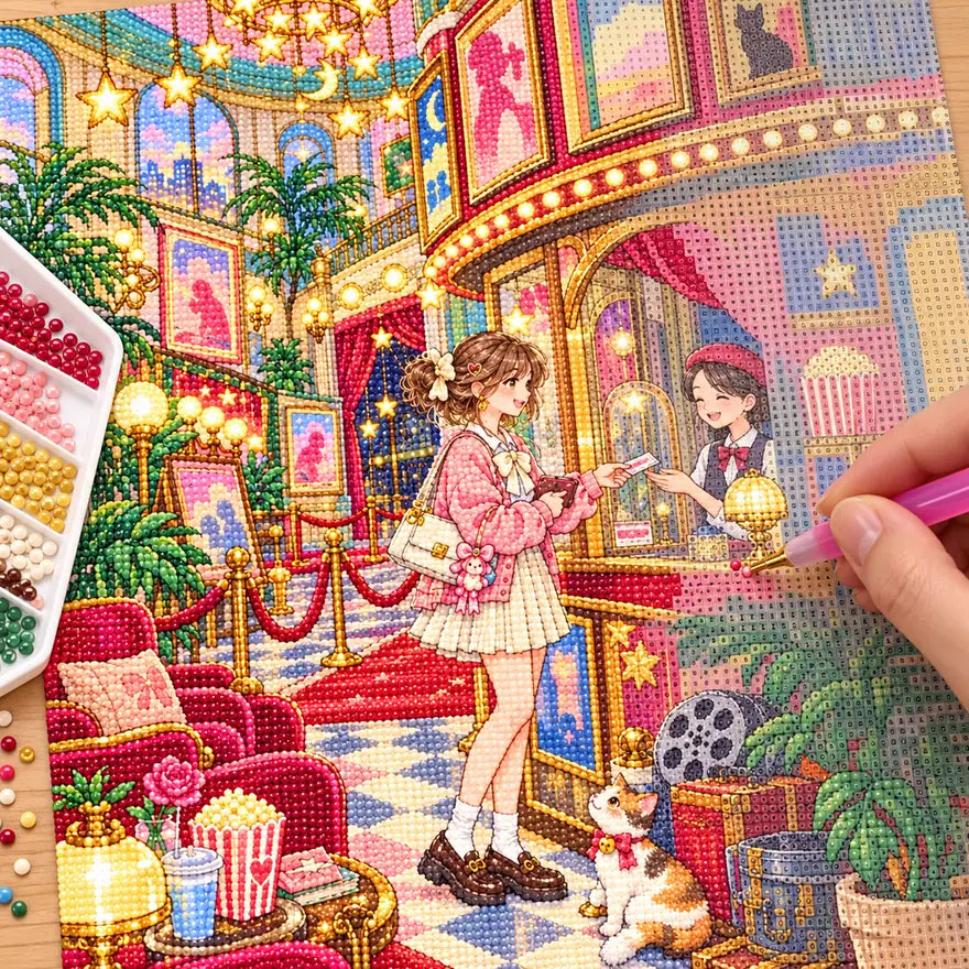 Diamond painting process showing a woman in an elegant vintage cinema lobby with red velvet details and glowing lights being completed with a stylus