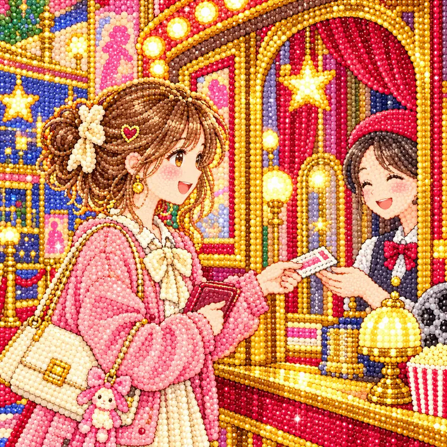 Close-up diamond drill detail of a woman in an elegant vintage cinema lobby with red velvet details and glowing lights artwork