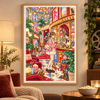 Framed a woman in an elegant vintage cinema lobby with red velvet details and glowing lights diamond painting displayed as home decor