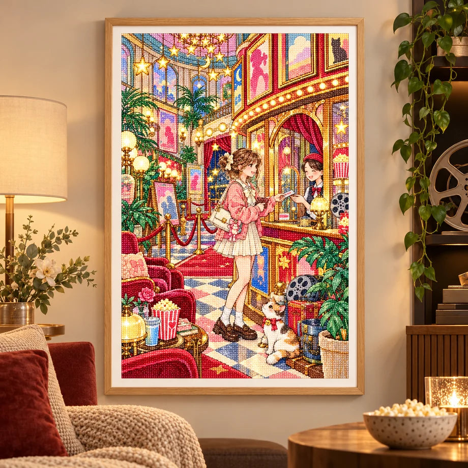 Framed a woman in an elegant vintage cinema lobby with red velvet details and glowing lights diamond painting displayed as home decor