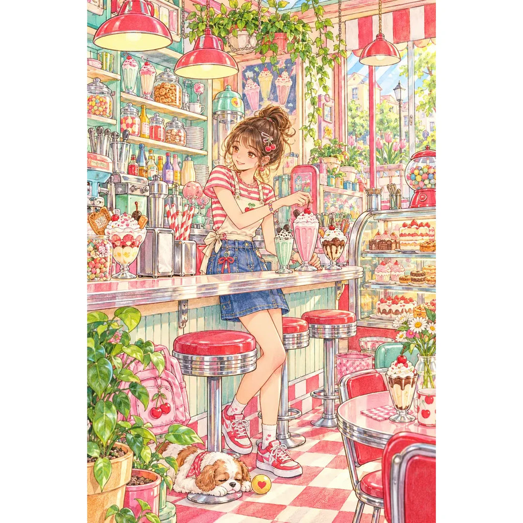 Original white-background artwork of a young woman at a retro soda cafe counter