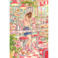 Original white-background artwork of a young woman at a retro soda cafe counter