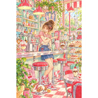 Original white-background artwork of a young woman at a retro soda cafe counter