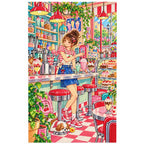 White-background diamond-painted canvas showing a young woman at a retro soda cafe counter