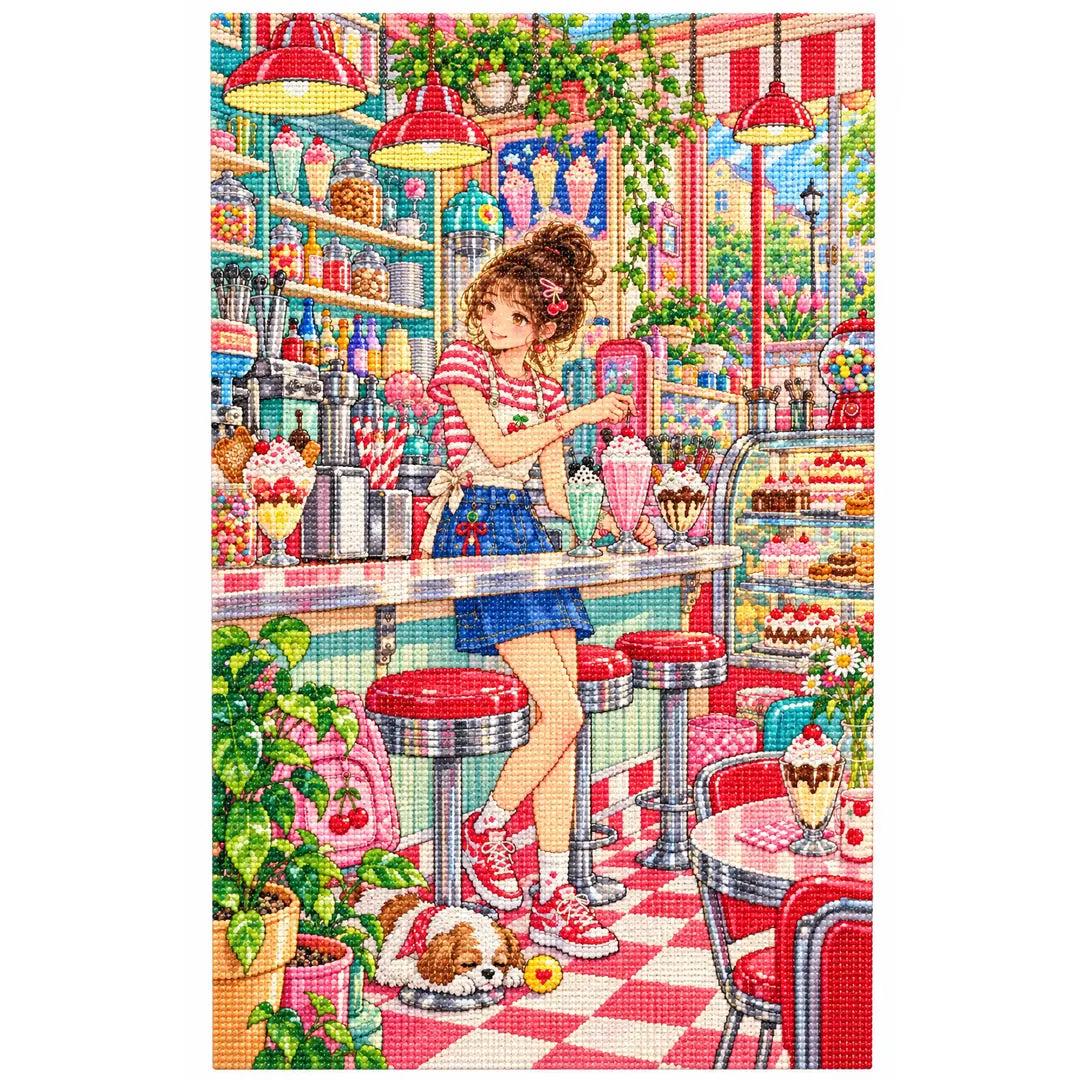 White-background diamond-painted canvas showing a young woman at a retro soda cafe counter
