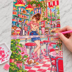 Hands placing diamond drills on the retro soda cafe girl canvas