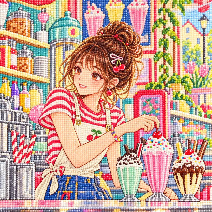 Close-up of faceted drills forming a young woman at a retro soda cafe counter