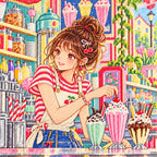 Close-up of faceted drills forming a young woman at a retro soda cafe counter