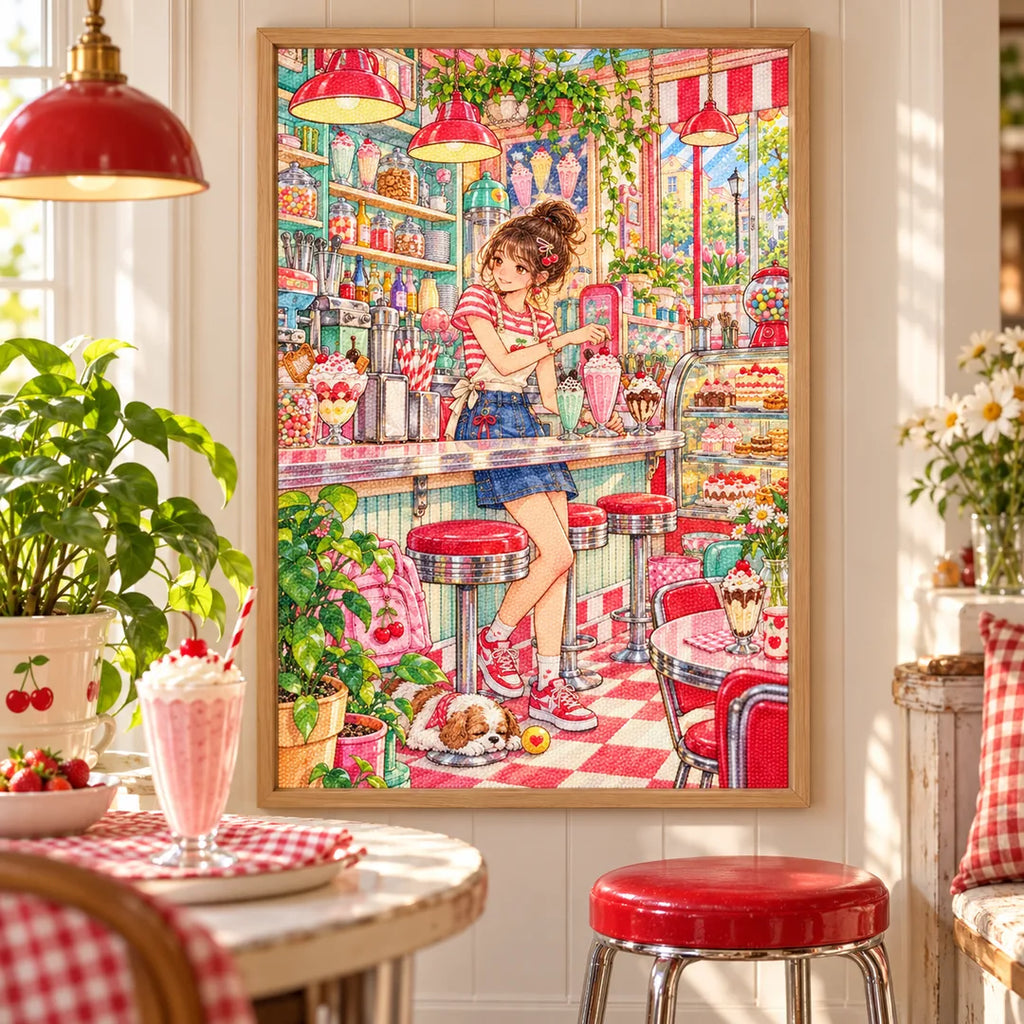 Framed diamond painting of a young woman at a retro soda cafe counter displayed in a home interior
