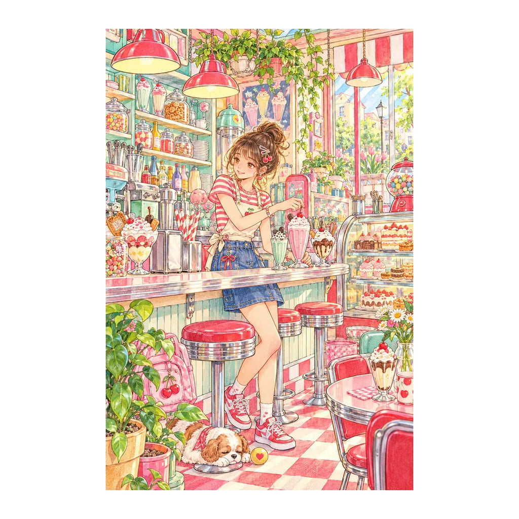 Original white-background artwork of a young woman at a retro soda cafe counter