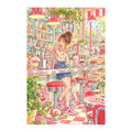 Original white-background artwork of a young woman at a retro soda cafe counter