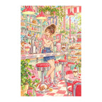 Original white-background artwork of a young woman at a retro soda cafe counter