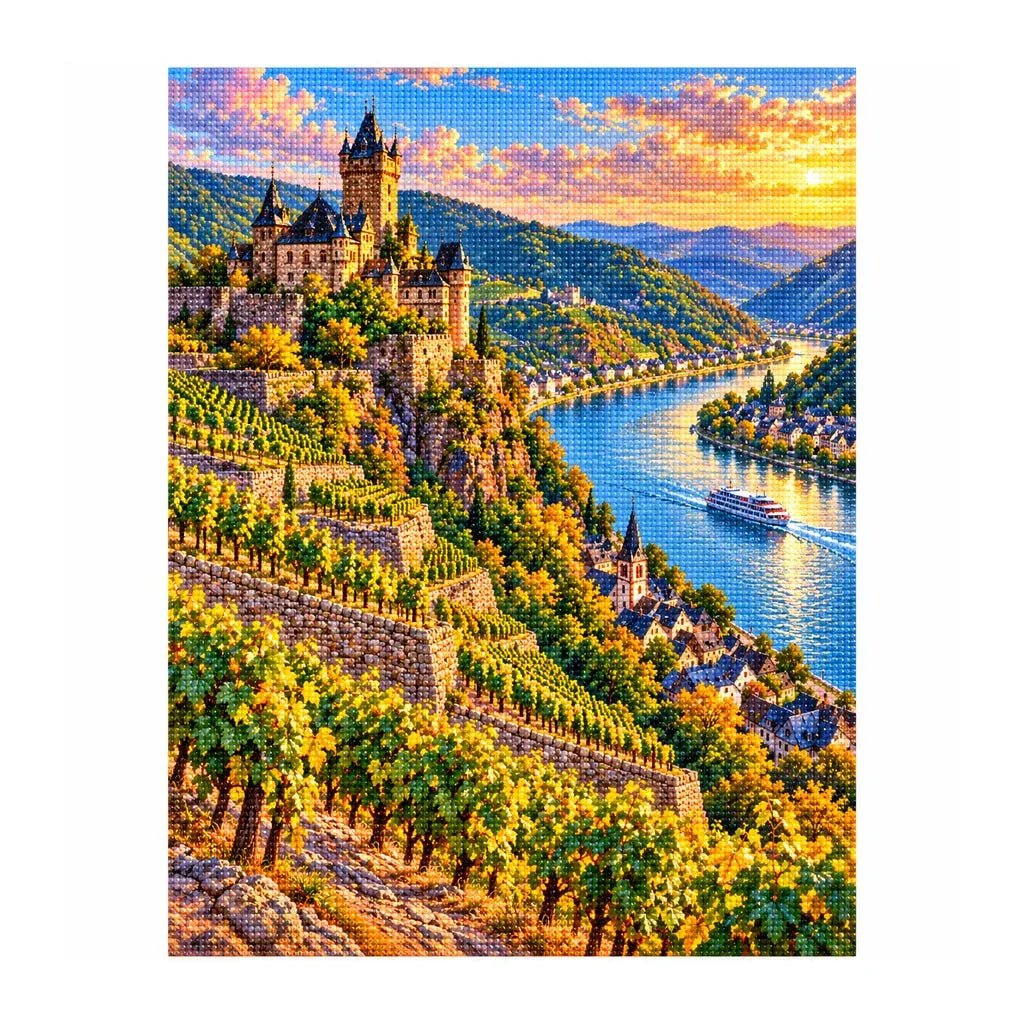 White-background finished diamond painting of Rhine Castle Vineyard.