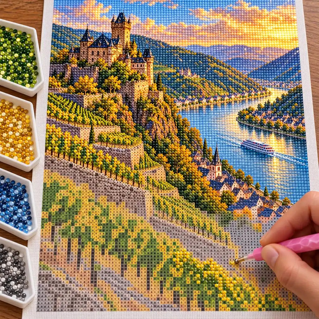 Hands placing diamond drills on the Rhine Castle Vineyard design.