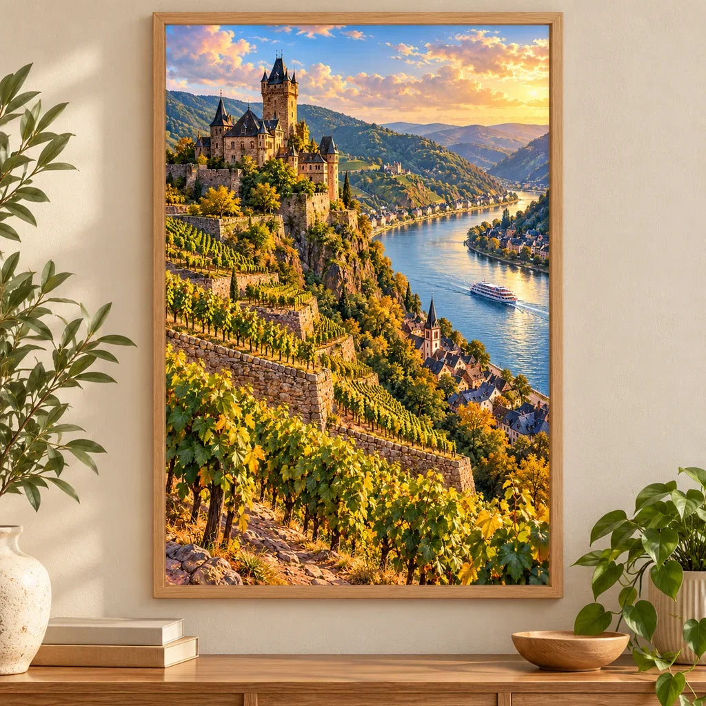 Framed Rhine Castle Vineyard diamond painting displayed as home decor.