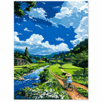 Original artwork for Riding Through Green Fields Diamond Painting Kit, showing a cyclist on a country path beside a stream.