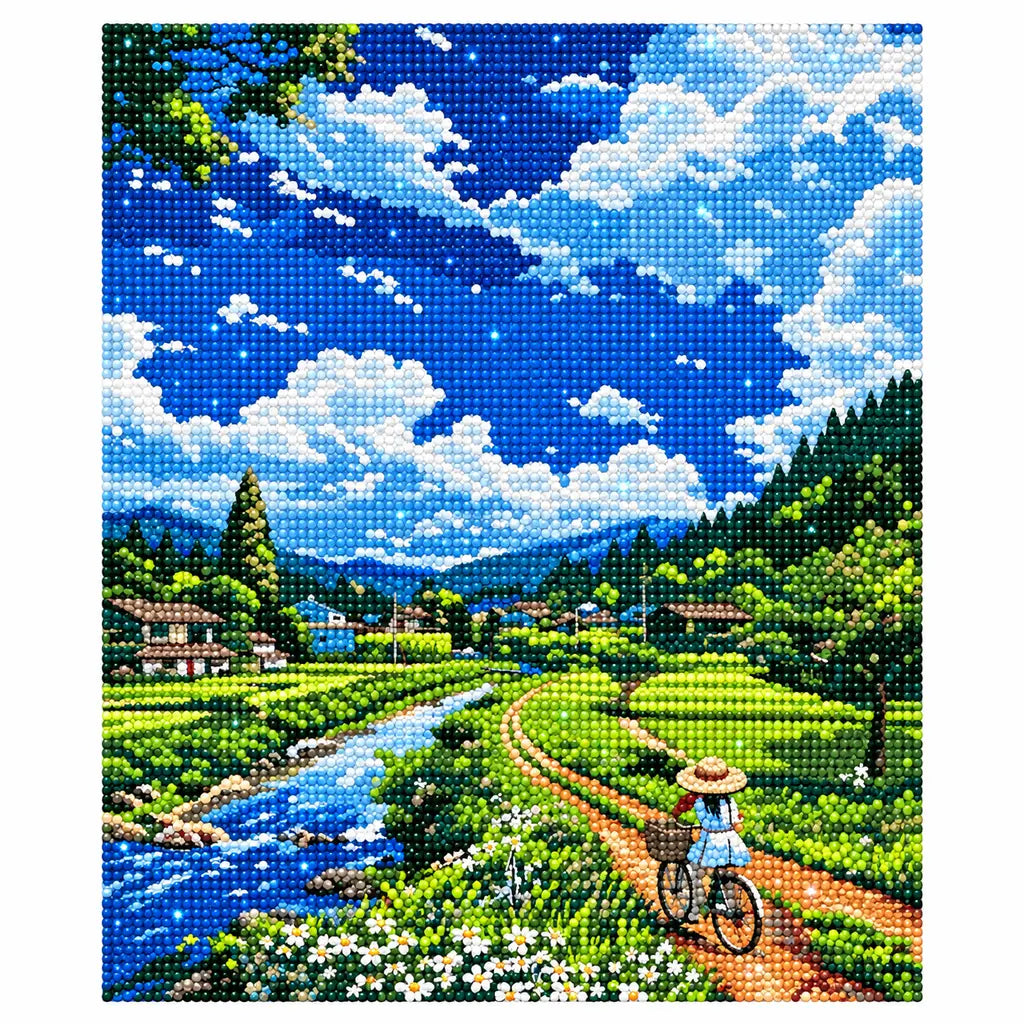 Finished diamond painting of a cyclist riding through green fields beside a stream.