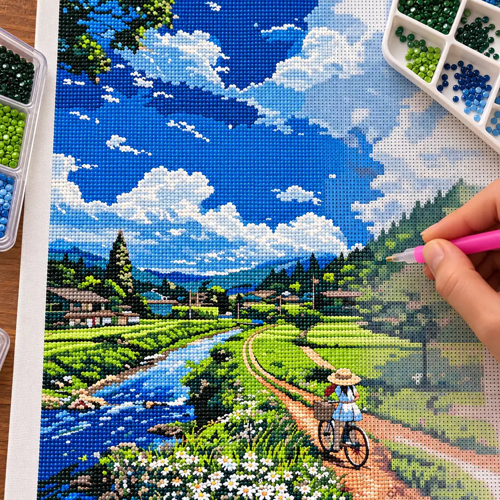 Diamond painting process for Riding Through Green Fields, with drills being placed over a cyclist and green countryside.