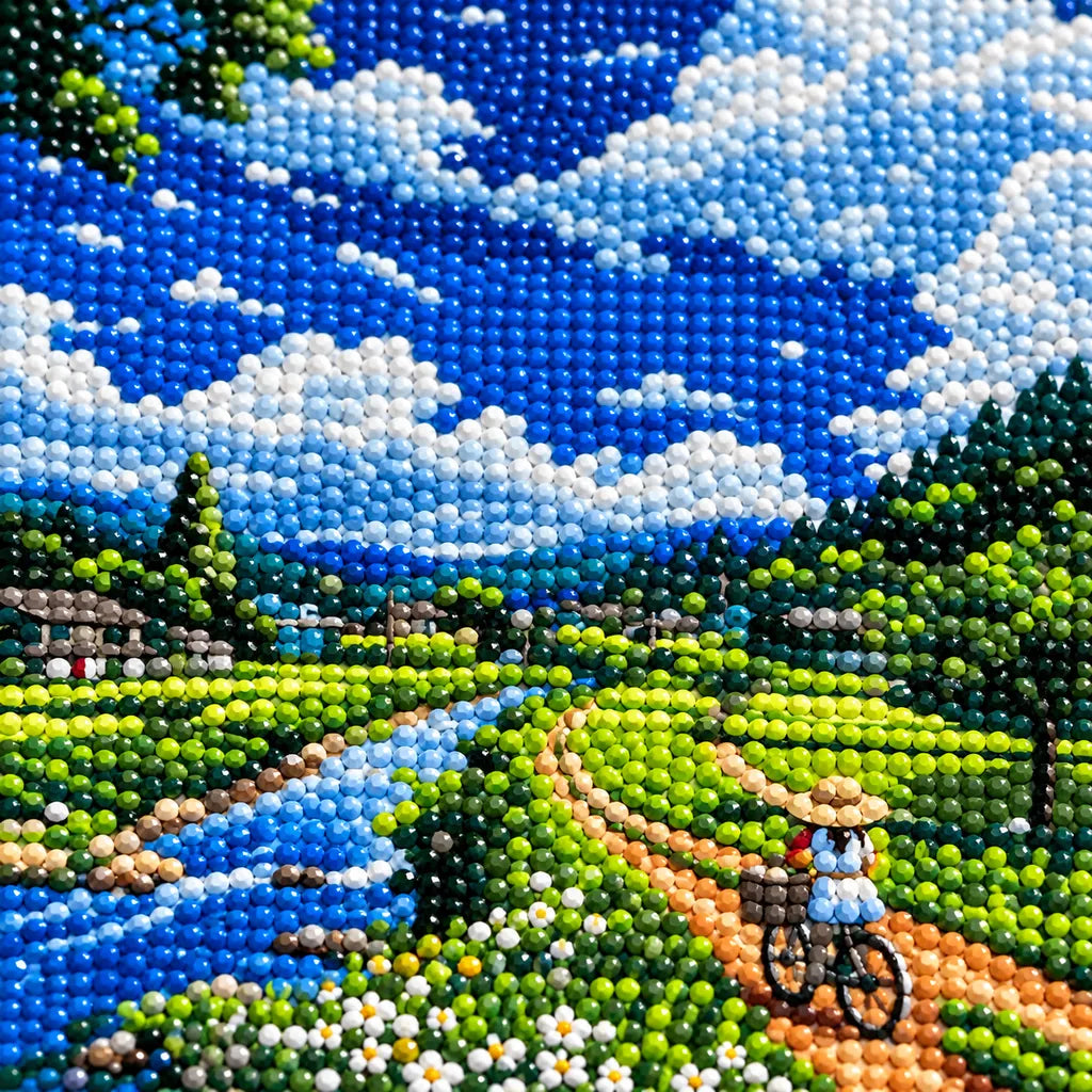 Close-up of diamond drill texture in the countryside scene with a cyclist.