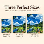 Size guide for Riding Through Green Fields: 20 × 30 cm, 30 × 40 cm, and 40 × 50 cm.