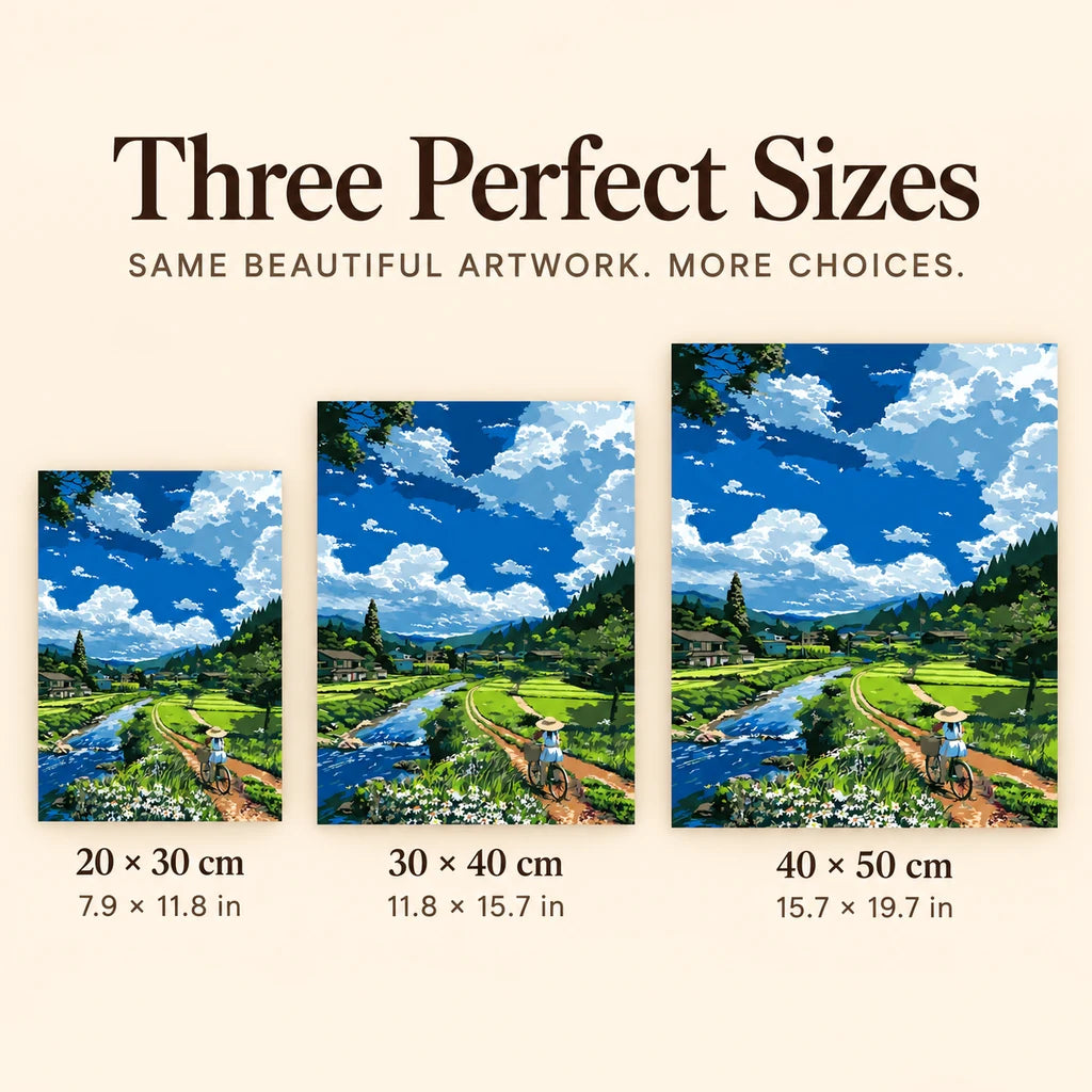 Size guide for Riding Through Green Fields: 20 × 30 cm, 30 × 40 cm, and 40 × 50 cm.