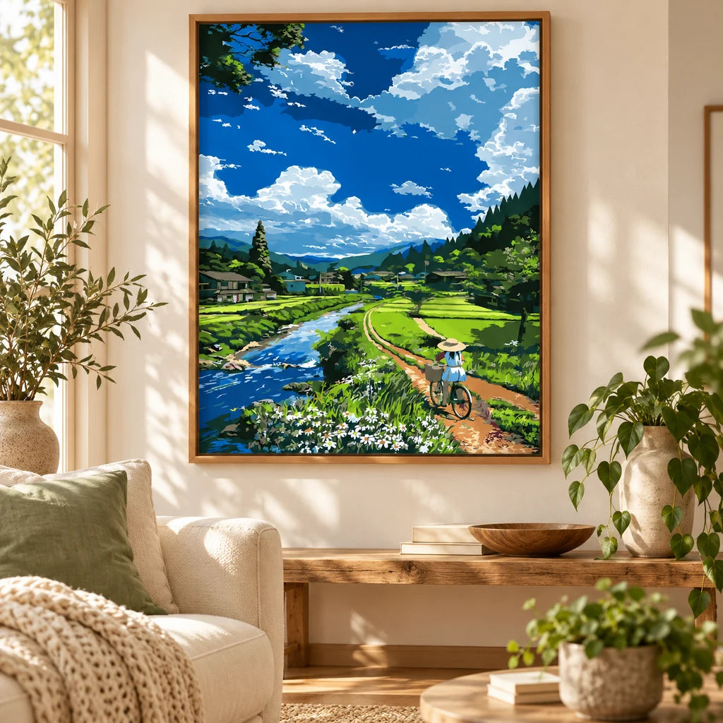 Home decor scene showing Riding Through Green Fields artwork displayed on a wall.