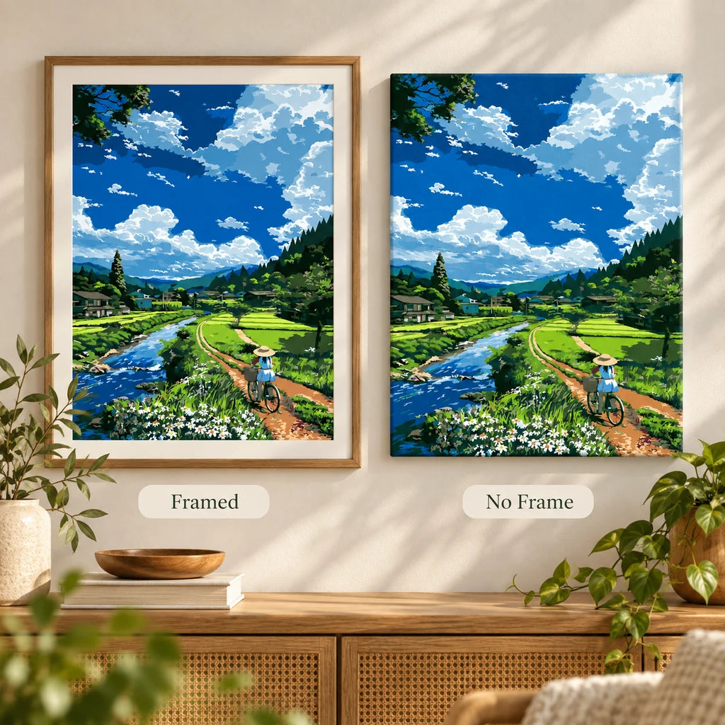 Framed and no-frame comparison for Riding Through Green Fields artwork.