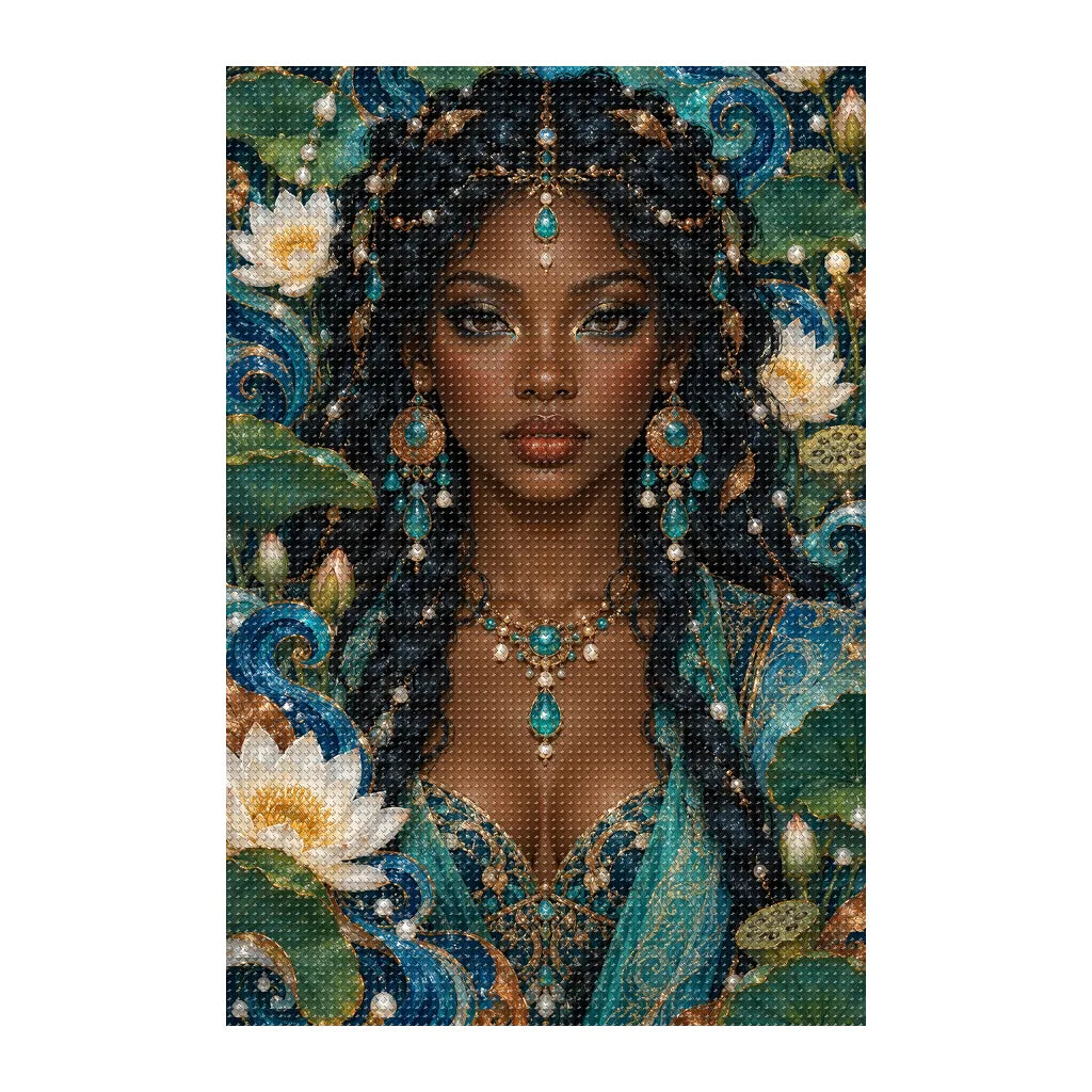 Finished white-background diamond painting of River Pearl Guardian