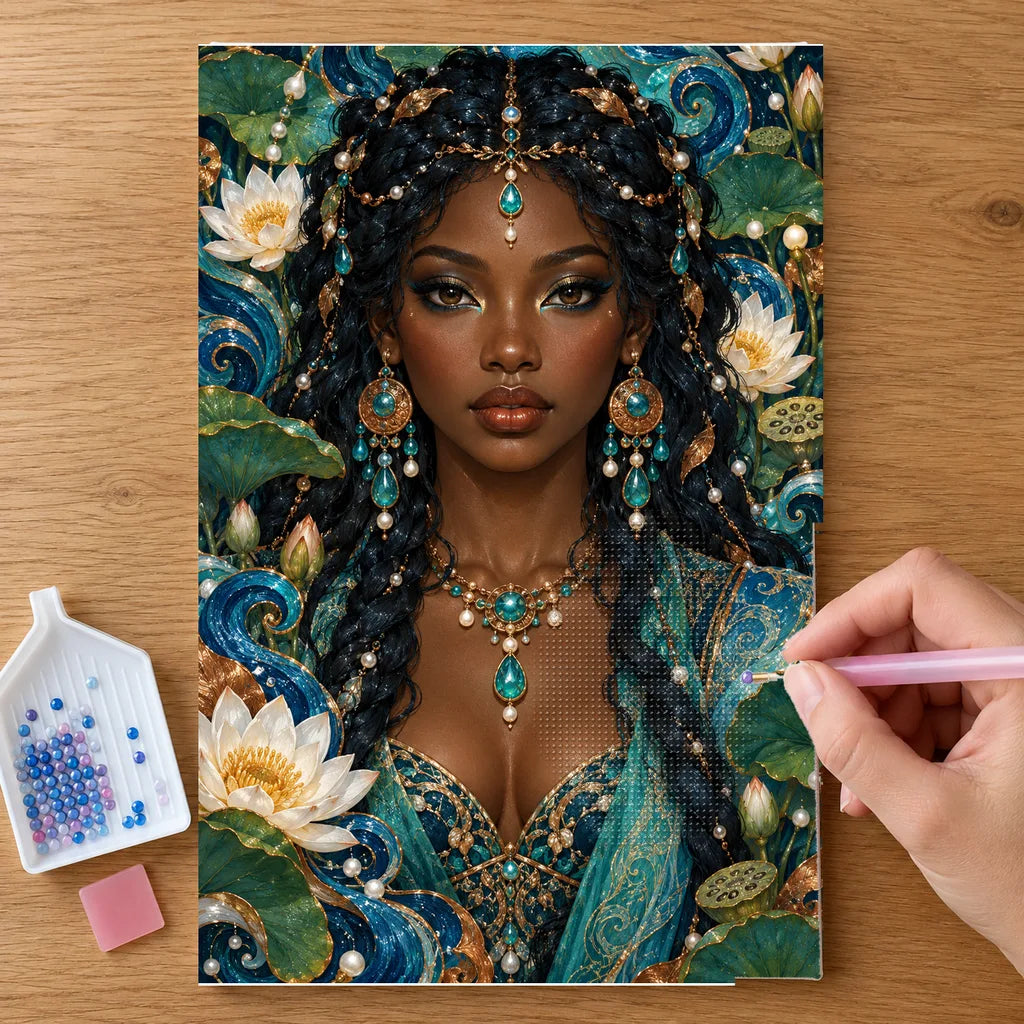 Hands placing drills on the River Pearl Guardian diamond painting canvas