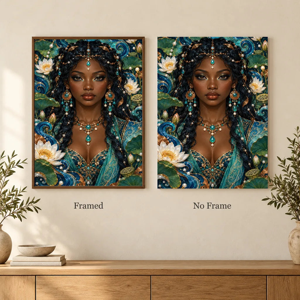 Framed and no-frame options for the River Pearl Guardian diamond painting